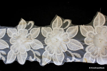 White Embroidered Flower Lace Trim With Sequins And Pearls, White And Gold Floral Trim Lace, Approx. 13.5cm Wide